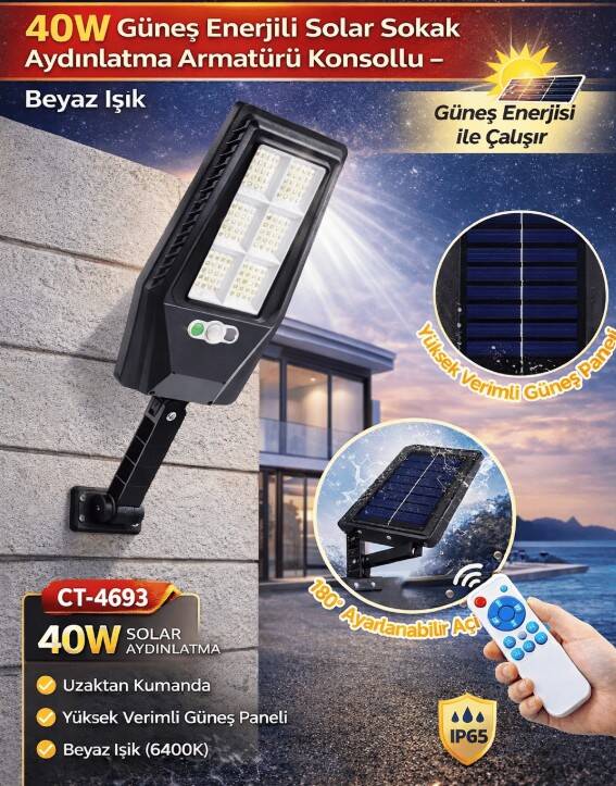 Cata CT-4693 40W Güneş Enerjili Solar Sokak Aydınlatma Armatürü Konsollu – Beyaz Işık - 3