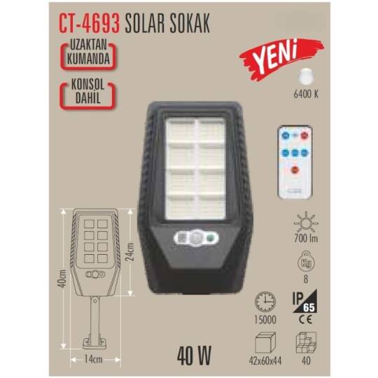 Cata CT-4693 40W Güneş Enerjili Solar Sokak Aydınlatma Armatürü Konsollu – Beyaz Işık - 7