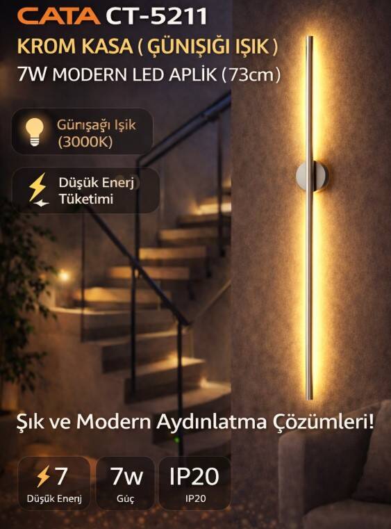 Cata CT-5211 Krom Kasa Günışığı Kılıç Dekoratif Çift Yönlü Duvar Aplik Armatür 75Cm - 1