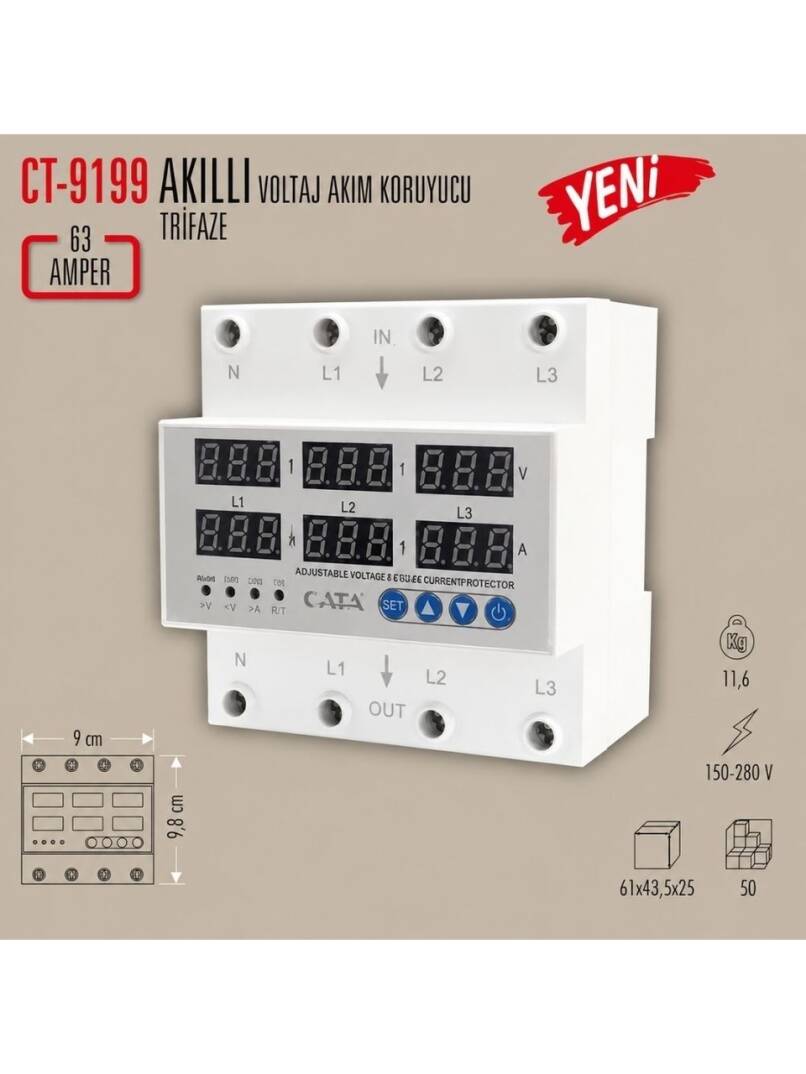 Cata CT-9199 Sigorta Tipi Trifaze Akıllı Voltaj ve Akım Koruyucu - 3