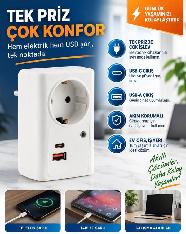 DE-PA 11154 Tekli Akım Korumalı Priz USB Şarjlı - 1