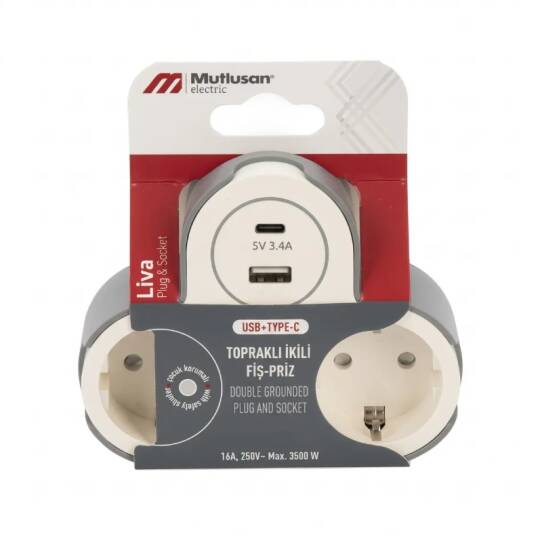 Mutlusan Liva 2li Toprakli Priz USB + Type-C 5V 3.4A 3500W