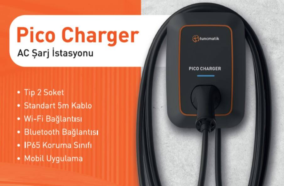 Tunçmatik Pico Charger 22 kW T2 5 m Kablolu AC Elektrikli Araç Şarj İstasyonu TSK16060 - 1