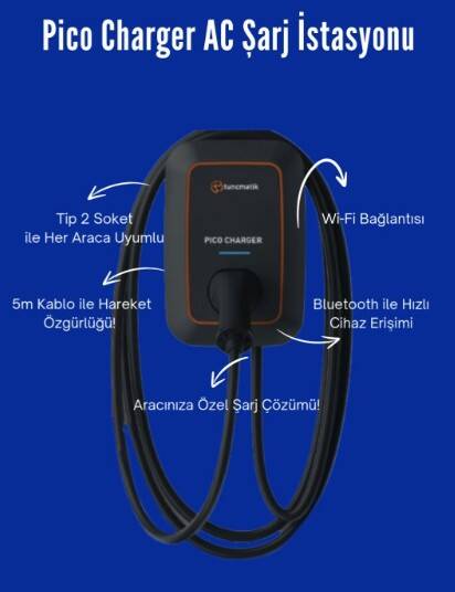 Tunçmatik Pico Charger 22 kW T2 5 m Kablolu AC Elektrikli Araç Şarj İstasyonu TSK16060 - 2